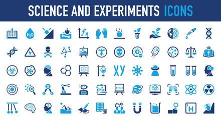 Set of Science and experiments vector icon. Idea, Insect, Experiment, Business, System, Find, Machine, Technology, Earth, Medical, Space, Mountain, Magnet, Search, Book, Broken, Math illustration. 