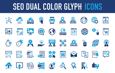 Set of Seo dual color glyph vector icon. Internet, Work, Editing, View, Connection, Emoji, Web, Email, Sheet, File, Database, Upload, Video, Find, Seo, Game, Solution, Security, Gesture illustration. 