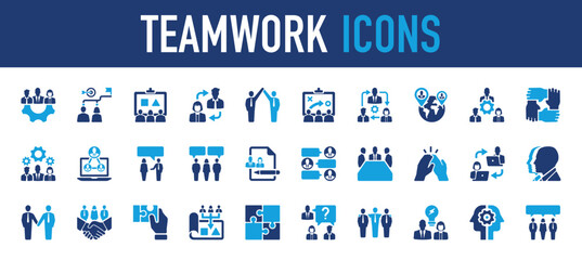 Set of Teamwork vector icon. Power, People, Business,  Communication, High, Social, Hand, Deal, Game, Document, Info, Idea, Target, Contacts illustration. 