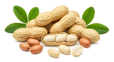 Raw Peanuts in Shell and Peeled on White Background