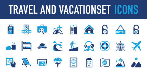 Set of Travel and vacation vector icon. Transport, Building , Life, Night, Stamp, Summer, Mobile, Skydiving, Travel, Gps, Nature, Mountain, Man, Suitcase, Three, Lock, Sign illustration. 