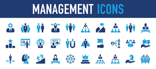 Set of Management vector icon. Arrow, Office, People, Target, Marketing, Group, Business, Game, Winner illustration. 