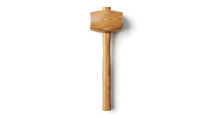 Wooden mallet isolated on white background, top view, carpentry tool.