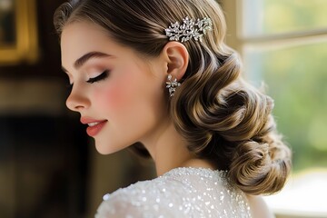 Fototapeta premium A vintage-inspired bridal look with soft, glamorous waves and a sparkling hairpiece for a classic touch 