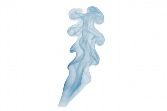 Blue smoke stream with swirling patterns and rising ethereal mist, atmospheric abstract vapor effect on transparent background