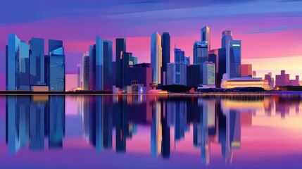 Obraz premium Vibrant city skyline at sunset reflecting on water, showcasing modern architecture and serene atmosphere