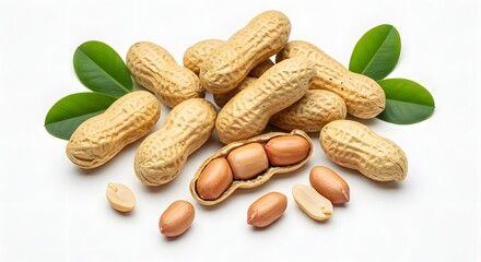 Raw Peanuts in Shell and Peeled on White Background