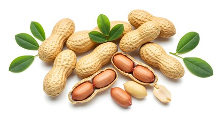 Raw Peanuts in Shell and Peeled on White Background