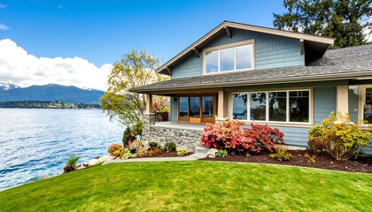 Waterfront home, blue siding, stone porch, lush landscaping, mountain view