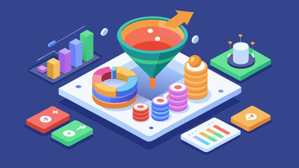 A blue background with a green funnel on it. The funnel is surrounded by a bunch of colorful blocks