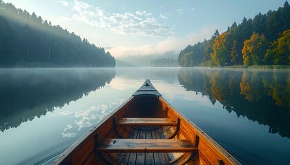 Serene morning mist over a calm lake, reflected in the still water, viewed from a wooden rowboat