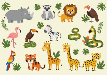 Set of flat vector illustrations in children's style of savannah animals. Cute rhinoceros lemur lion flamingo toucan vulture vulture snake zebra parrot tiger giraffe leopard cheetah