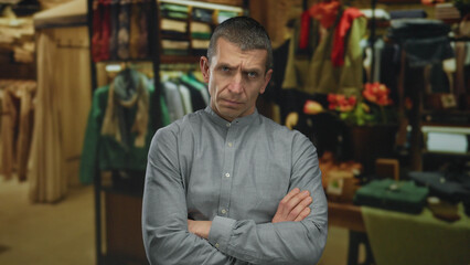 Obraz premium Man standing with folded arms in a retail store surrounded by various clothing displays, creating a serious and contemplative atmosphere with blurred backgrounds.