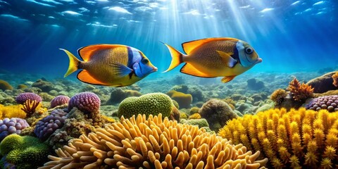 Obraz premium Vibrant Reef Inhabitants Gracefully Swimming Amidst a Lush Coral Garden Bathed in Sunlit Waters