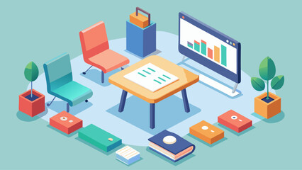 Obraz premium A colorful office scene with a computer monitor, a keyboard, a mouse, a chair, and a table