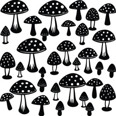 Whimsical outline drawing of a red spotted mushroom growing in grass