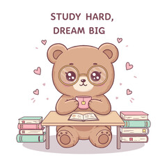 Cute cartoon bear studying with books and tea wearing glasses vector illustration for education and motivation