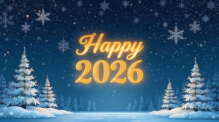 Magical Blue Winter Background with Falling Snowflakes, Stars, and Glowing Happy 2026 Typography