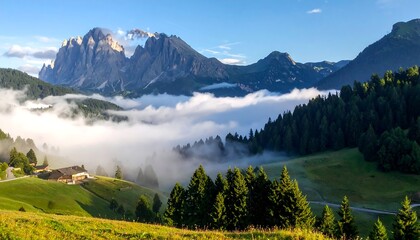 Serene morning mist shrouds a valley, nestled between verdant hills and majestic, snow-capped mountains under a clear blue sky