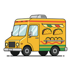 Yellow taco truck vector illustration food truck with taco images isolated on white background