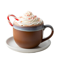 Cozy Mug of Hot Chocolate with Whipped Cream and Candy Cane Garnish on Saucer