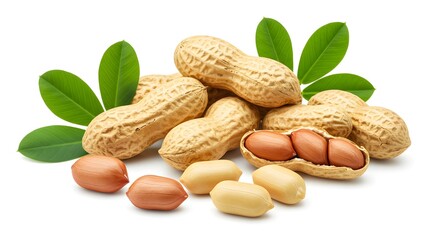 Raw Peanuts in Shell and Peeled on White Background