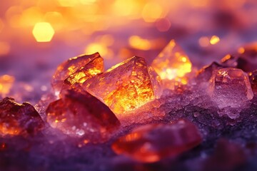 Ethereal close-up of vibrant, glowing orange crystals nestled in a sparkling purple icy landscape with soft golden bokeh lights.