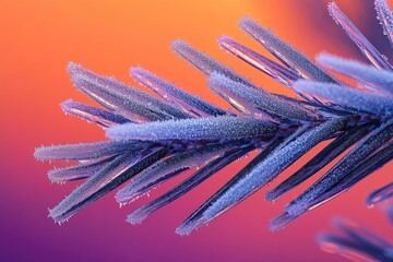 Frosted evergreen needles sparkle with ice against a vibrant orange and purple gradient, capturing winter's serene, cold beauty.