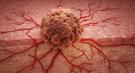 A close-up of a cancer cell within a tumor, showing irregular shape and textured surface, highlighting cellular abnormalities.