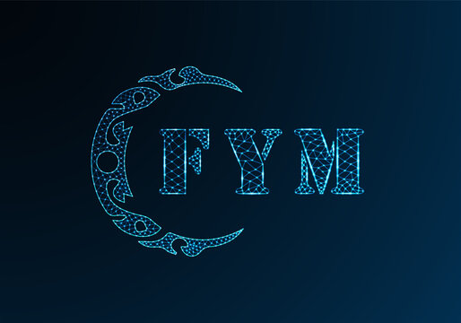 Low poly letter logo FYM design. FYM letter logo low poly vector design on blue color gradient background. FYM logo low poly design