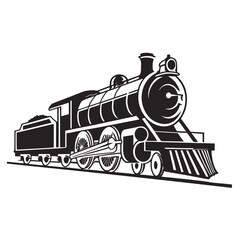Vintage steam locomotive with tender on railroad tracks black and white illustration steam engine