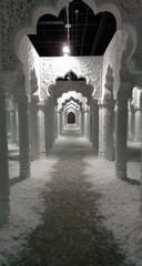 A long, ornate hallway lined with intricate arches, filled with soft white snow.