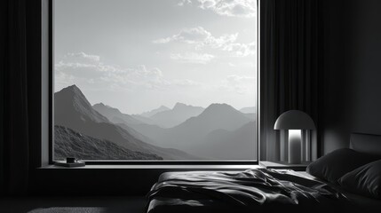 Monochrome Mountain View from a Modern Bedroom Window.