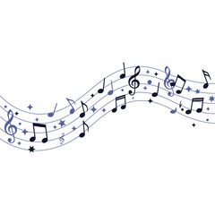 Musical notes on a staff with stars flowing vector illustration for music themed designs isolated on white background