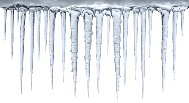 Icicles hanging from the edge of a roof, illustrating the cold of winter and frozen water