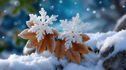 Frosted leaves with snowflakes on snowy surface create serene winter landscape, evoking sense of tranquility and beauty