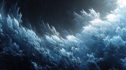 A swirling, ethereal display of textured clouds and light. Shades of blue and white blend creating an abstract landscape