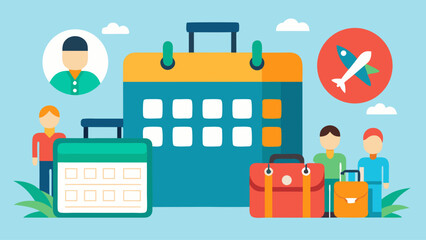 A colorful calendar with a suitcase and a backpack on it. The calendar is for a trip and the people in the image are travelers