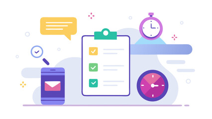 A white background with a blue and green clipboard with a clock on it. The clipboard has a yellow and green check mark on it