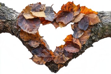 Fototapeta premium Fallen autumn leaves artfully form a heart shape around a gnarled tree branch, symbolizing nature's enduring love in fall.