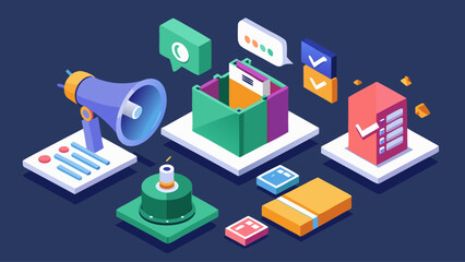 Obraz premium A colorful image of a computer screen with a large blue megaphone in the foreground. The megaphone is surrounded by a variety of other objects, including a book, a box, and a stack of papers