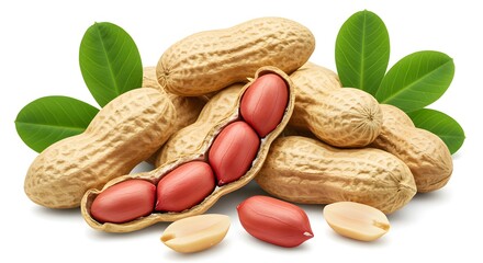 Raw Peanuts in Shell and Peeled on White Background