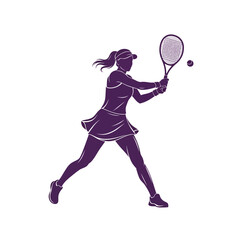 Silhouette of a female tennis player hitting a ball with a racket.