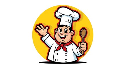 Happy Cartoon Chef Mascot Waving and Holding a Spoon.