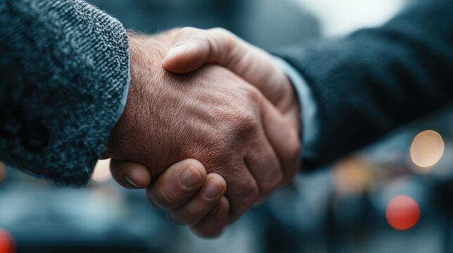 Two hands engaged in a firm handshake, showcasing a professional agreement, with blurred urban background elements emphasizing connection and collaboration in business