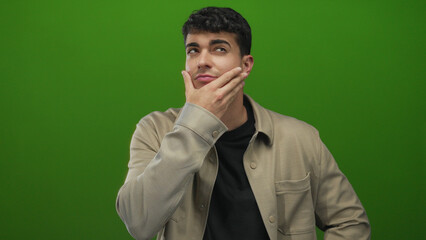 Man touches chin while thinking against a background showing a young hispanic guy in a green studio...