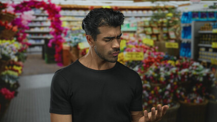 Young hispanic man counting fingers in street flower shop aisle amidst vibrant blossoms;...