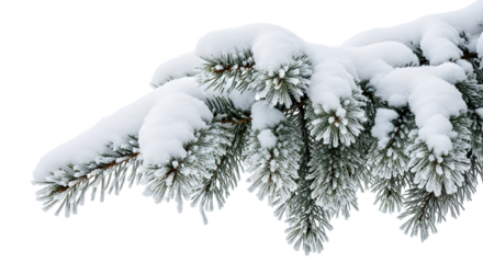 Snow-covered pine branch on a white background, showcasing the beauty of winter nature and a close-up view of frosty foliage