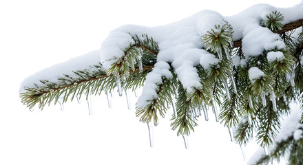 Close-up of a snow-covered pine tree branch with icicles hanging in winter