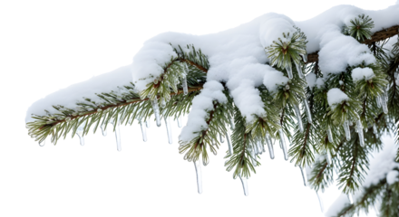 Close-up of a snow-covered pine tree branch with icicles hanging in winter
